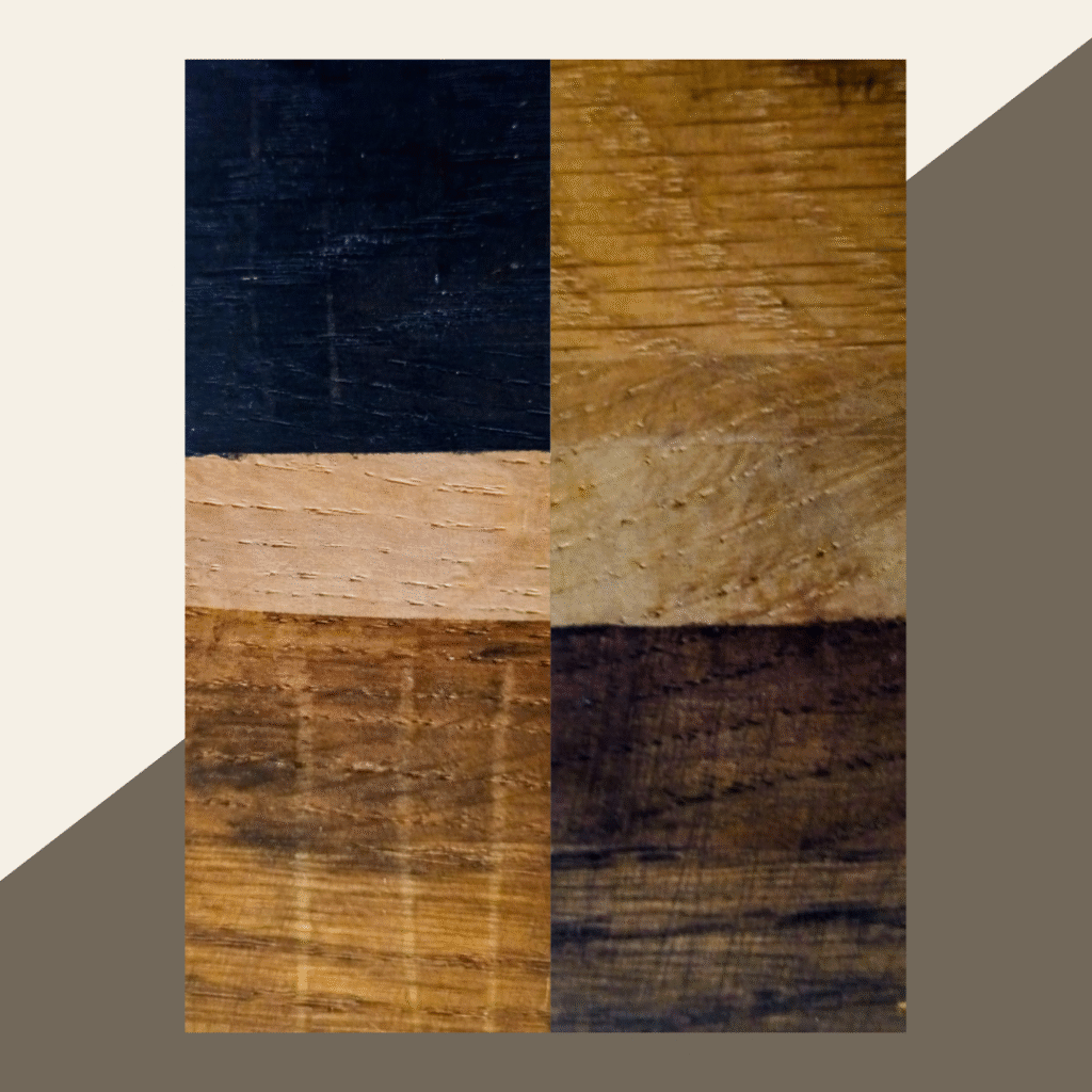 Vier Charaktere, ein Holz: Eiche, veredelt mit pigmentierten Ölen. Die Seele der Maserung bleibt sichtbar.