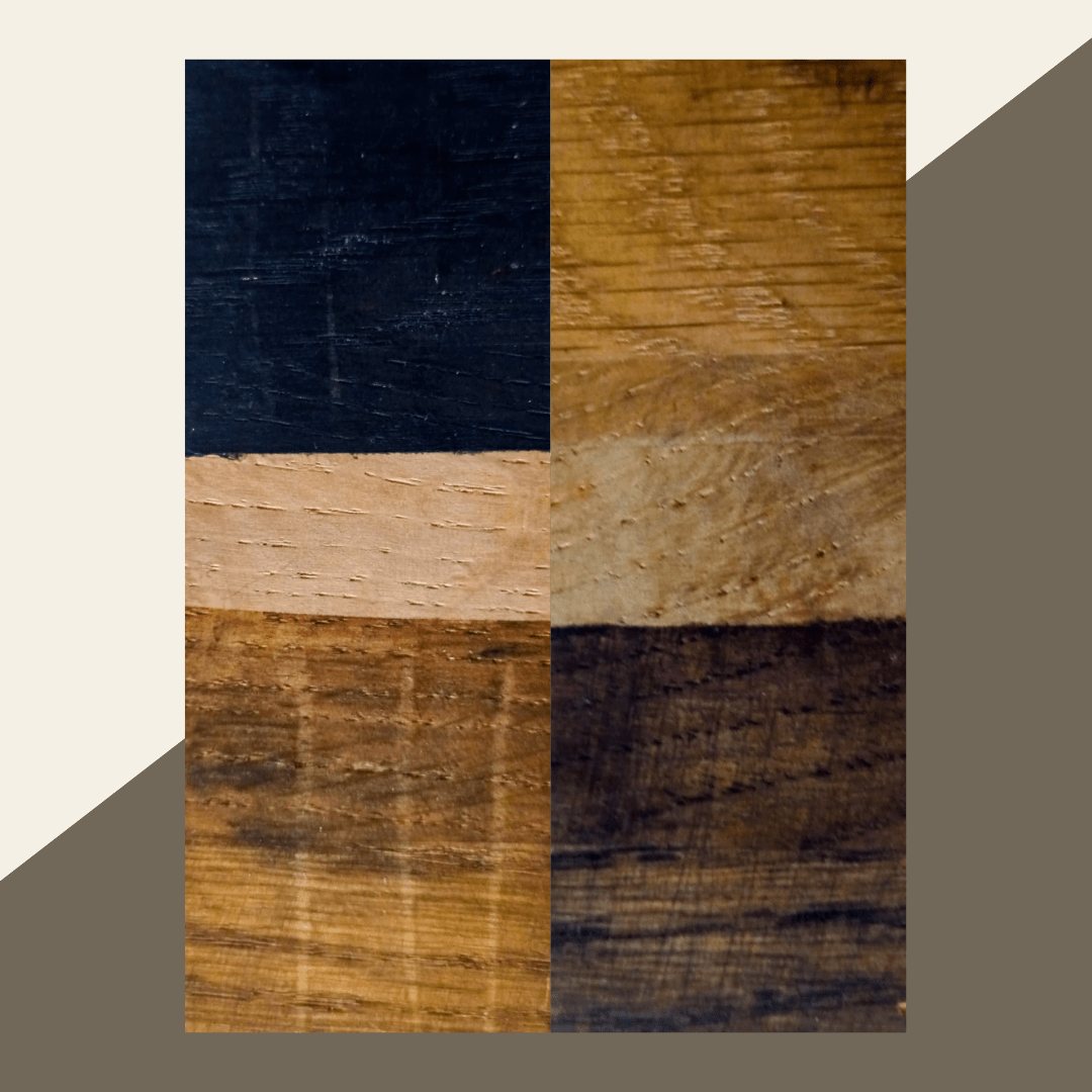 Vier Charaktere, ein Holz: Eiche, veredelt mit pigmentierten Ölen. Die Seele der Maserung bleibt sichtbar.