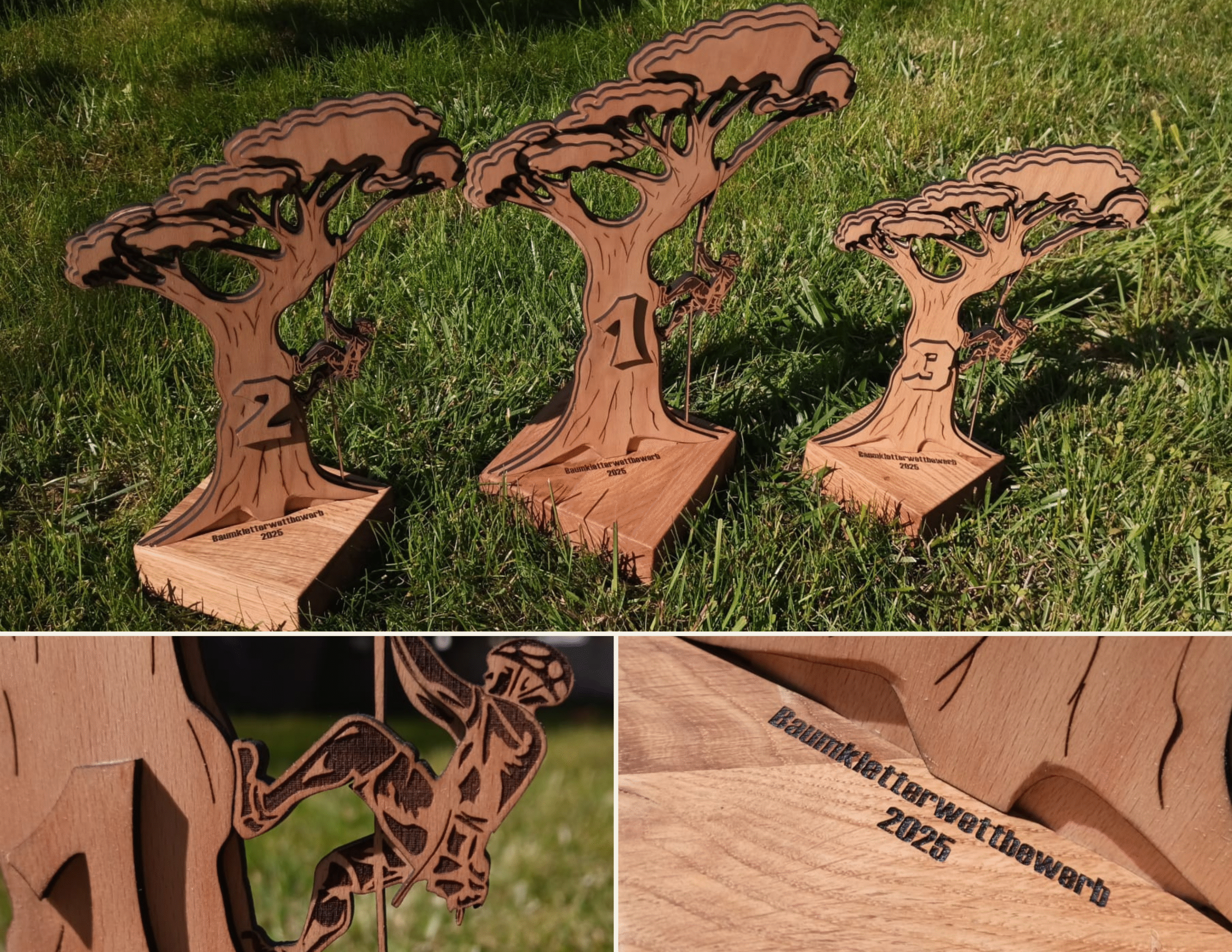 Baumklettertrophäe aus Buche-Sperrholz und Eiche Standfuß in 3D aufgebaut