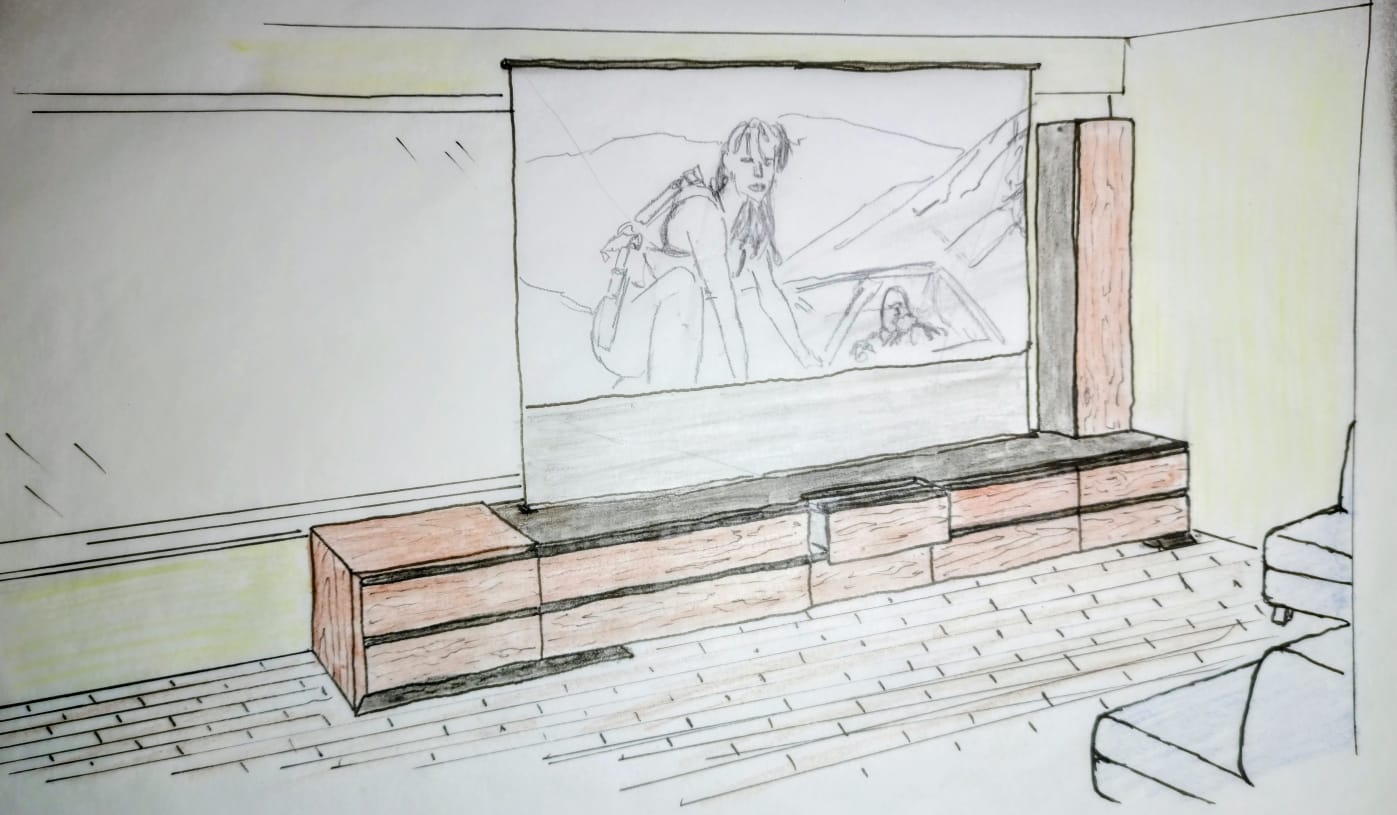 Wohnzimmerregal für Kurzdistanzbeamer aus Eiche/Pressspan Antifingerprint Mischung