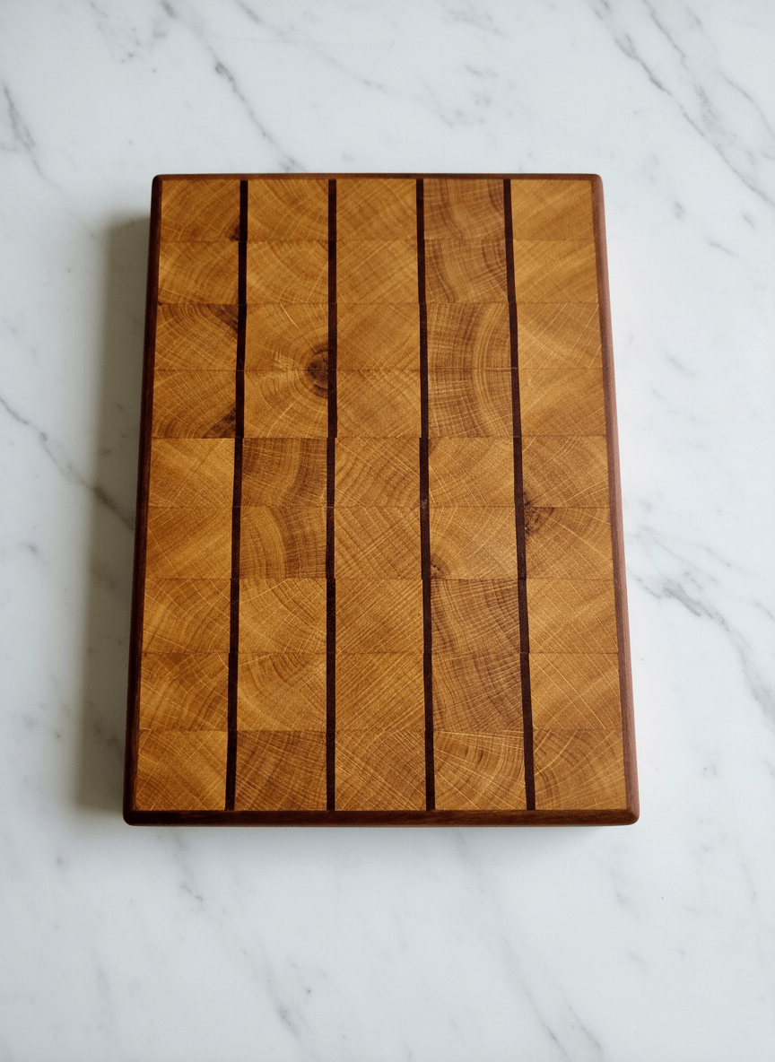 Hirnholz-Schneidbrett aus Eisenholz und Eiche. Mit einem für Lebensmittel zugelassenem Leim verleimt und handgehobelt